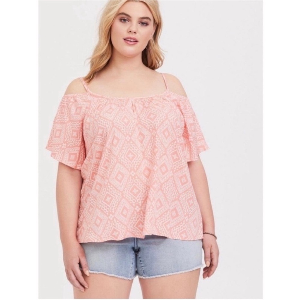 Torrid Textured Woven Cold Shoulder Top coral orange diamond boho lightweight